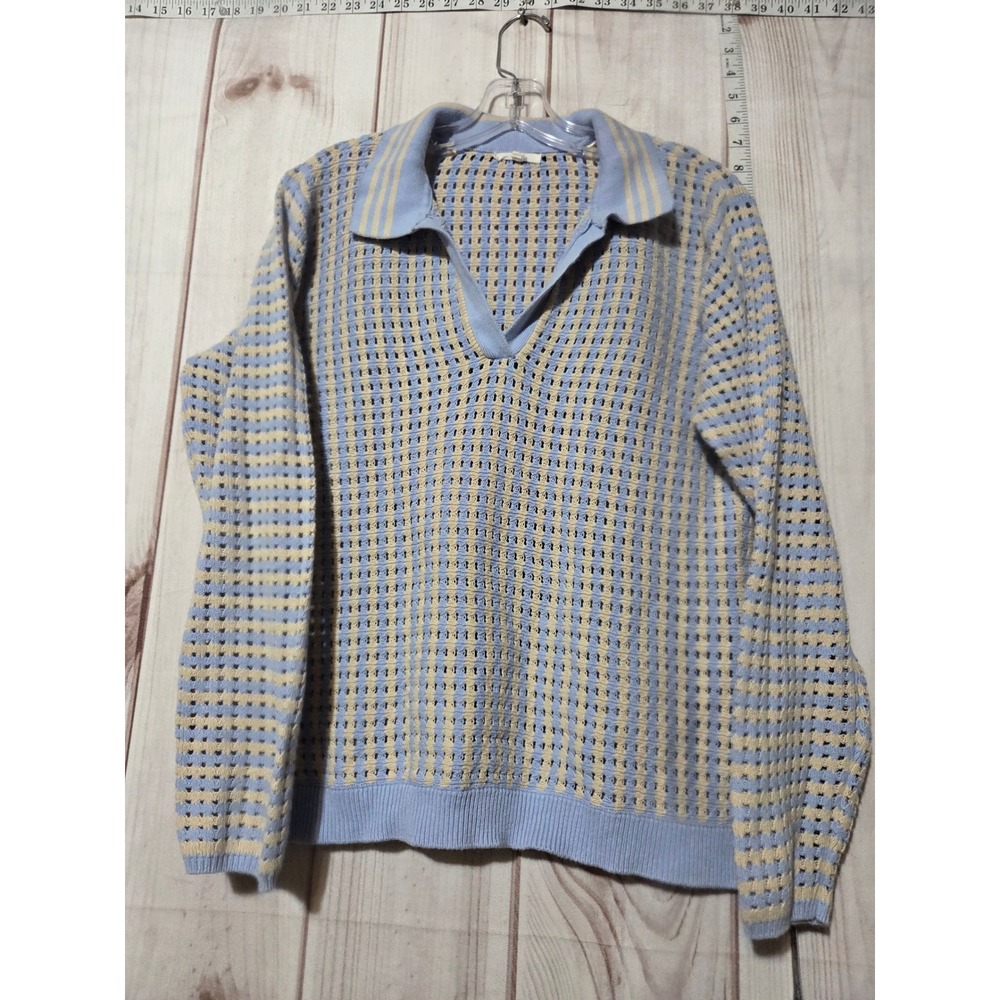 Open Knit Sweater Ladies Large‎ Polo Shirt Blue Beige Long Sleeve Preppy